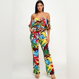 Tropical Off-Shoulder Floral Jumpsuit - Yellow Multi
